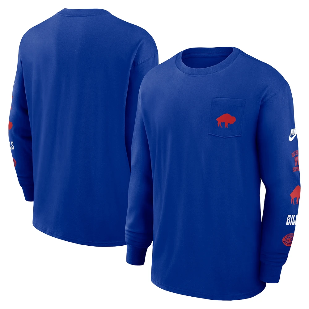 T-shirt à manches longues Nike Royal Buffalo Bills Rewind Heavy Max 90 avec poche pour homme