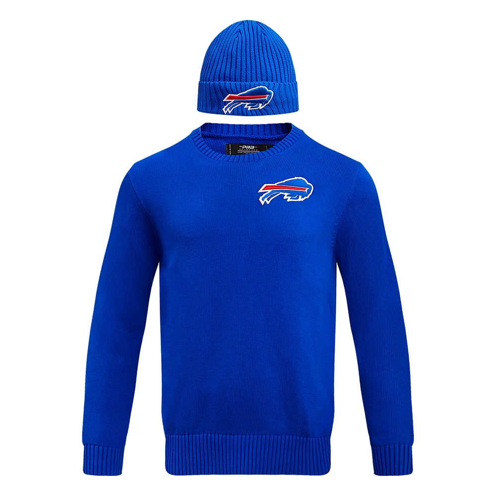 Men's Pro Standard Royal Buffalo Bills Crewneck Pullover Sweater & Cuffed Knit Hat Box Gift Set