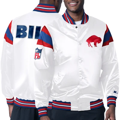 Veste universitaire en satin vintage à boutons-pression pour homme Starter White Buffalo Bills