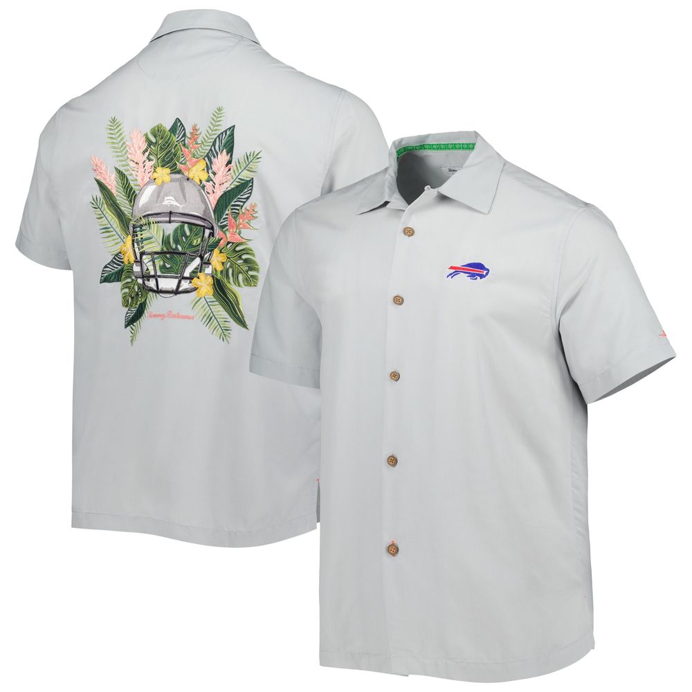 Men's Tommy Bahama Gray Buffalo Bills Coconut Point Frondly Fan Camp IslandZone Button-Up Shirt