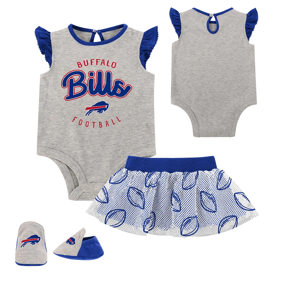 Newborn Heather Gray/Royal Buffalo Bills All Dolled Up Three-Piece Bodysuit, Skirt & Booties Set