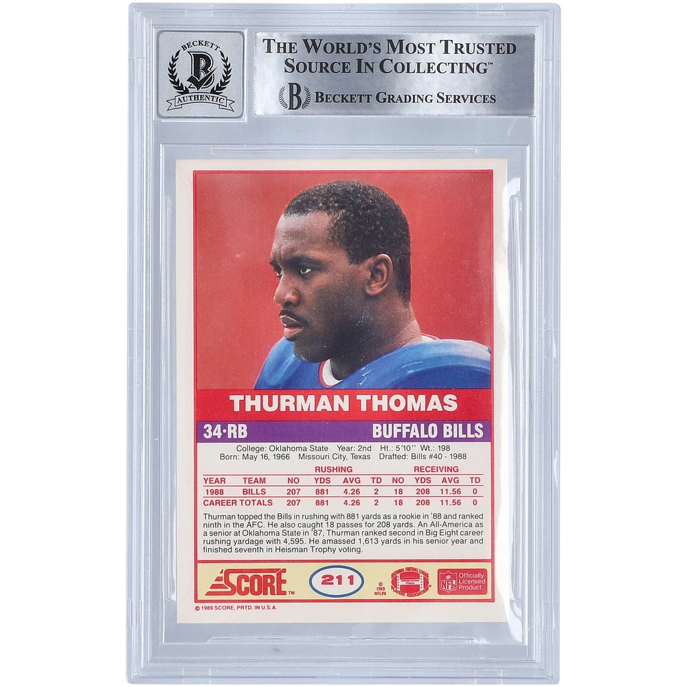 Thurman Thomas Buffalo Bills Carte de score autographiée n° 211 Beckett 1989 Fanatics Witnessed Carte de recrue authentifiée 10 avec inscription "HOF 07"