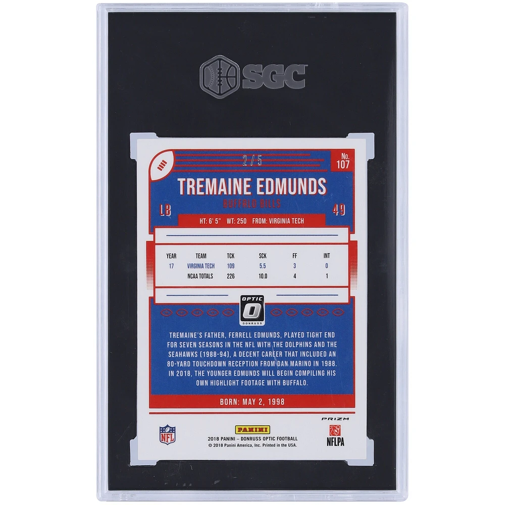 Carte de recrue authentifiée 10 Panini Donruss Optic Green Prizm #107 #2/5 SGC de Tremaine Edmunds Buffalo Bills 2018