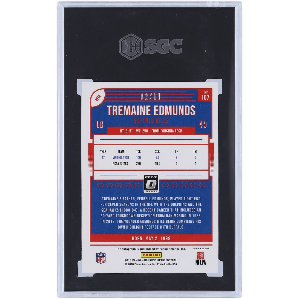 Carte de recrue authentifiée 10/10 Panini Donruss Optic Gold Prizm #107 #2/10 SGC 2018 autographiée par Tremaine Edmunds Buffalo Bills