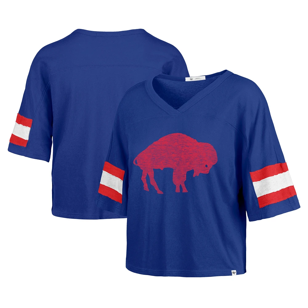 Women's '47 Royal Buffalo Bills  Double Header Scout Cropped V-Neck T-Shirt