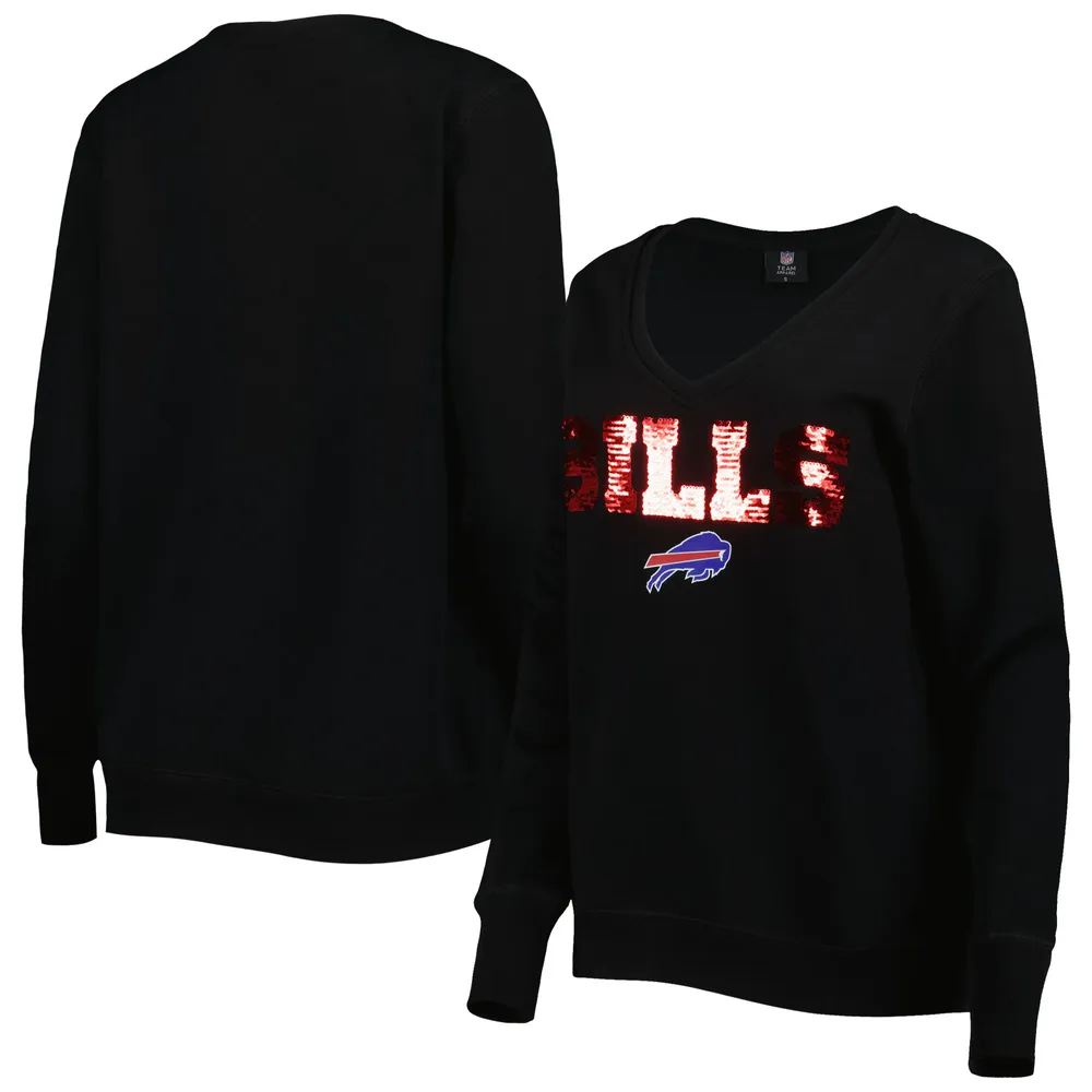 Cuce Women's Cuce Black Buffalo Bills Sequin Logo V-Neck Pullover Sweatshirt