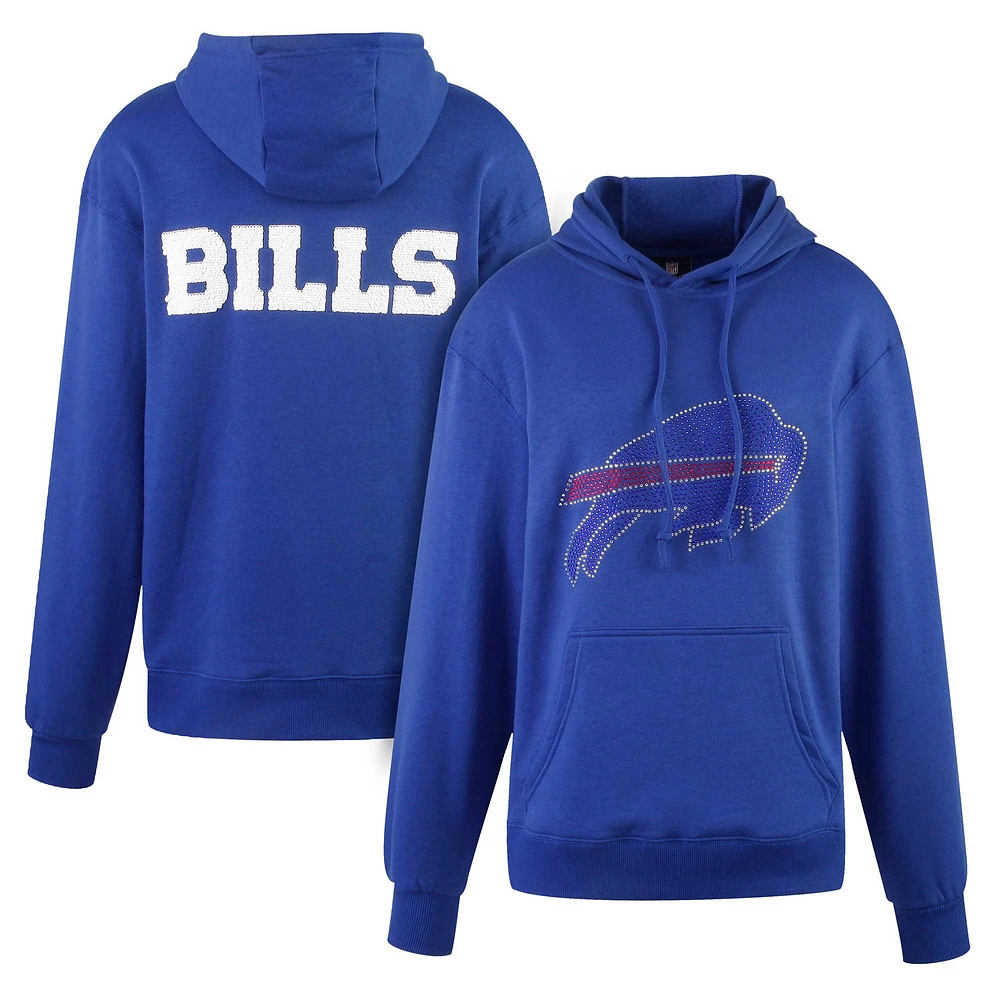 Women's Cuce Royal Buffalo Bills Rhinestone Logo Wordmark Pullover Hoodie