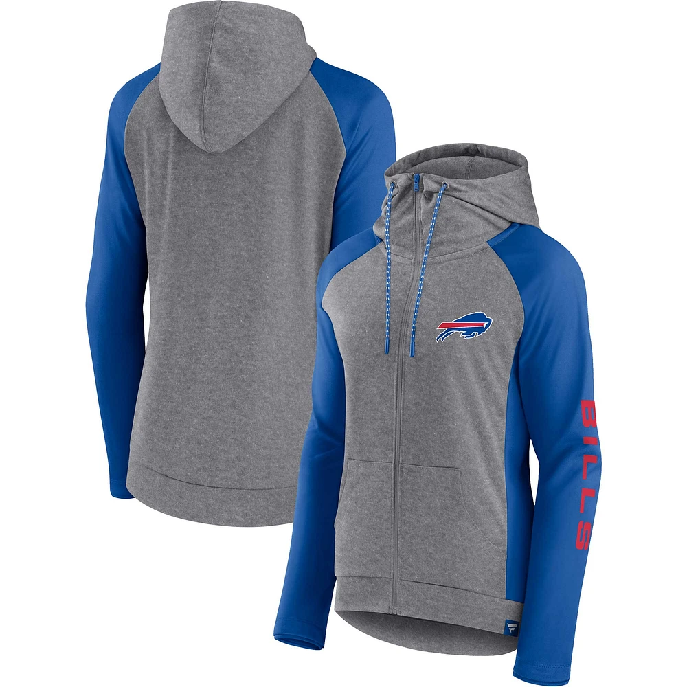 Sweat à capuche léger entièrement zippé pour femmes Fanatics Heather Grey/College Royal Buffalo Bills Blind Side