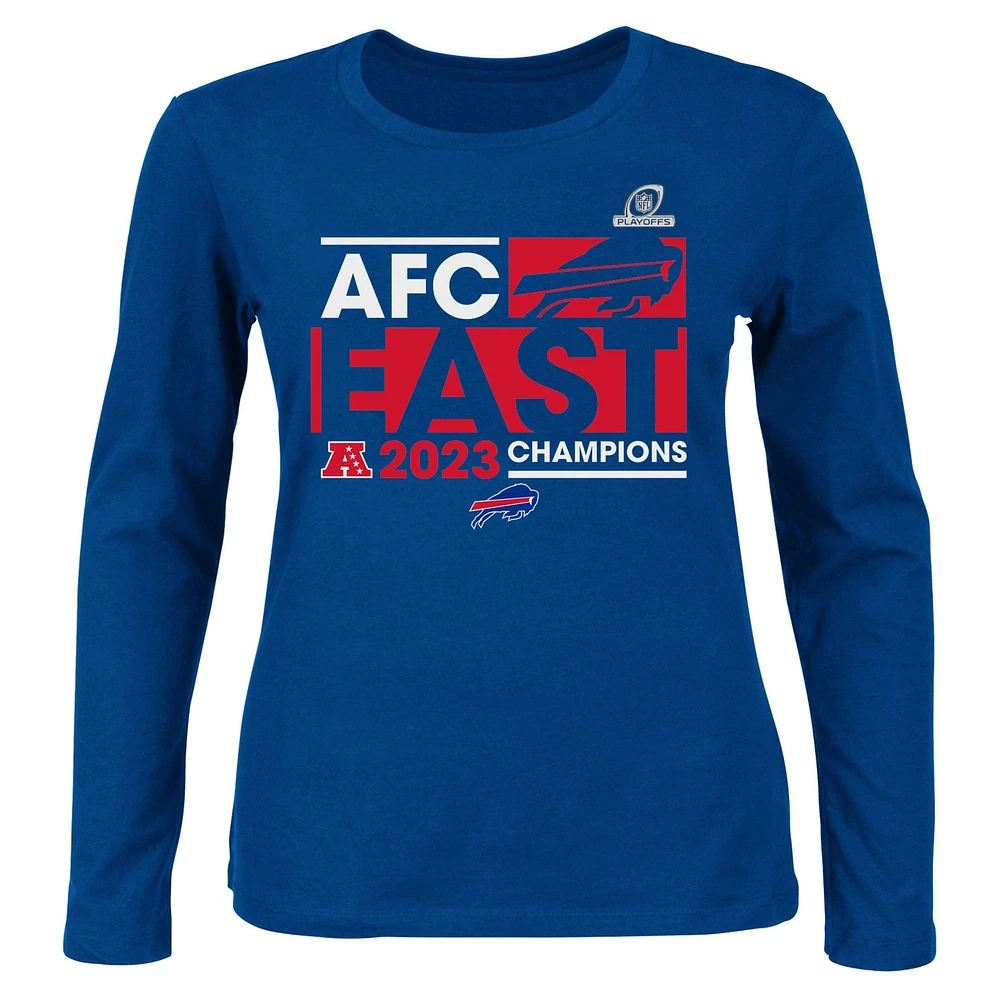 T-shirt à manches longues et col en V Fanatics Royal Buffalo Bills 2023 AFC East Division Champions pour femmes, grande taille