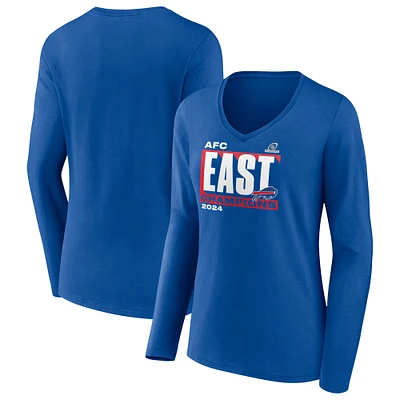 T-shirt à manches longues et col en V pour femmes Fanatics Royal Buffalo Bills 2024 AFC East Division Champions Conquer