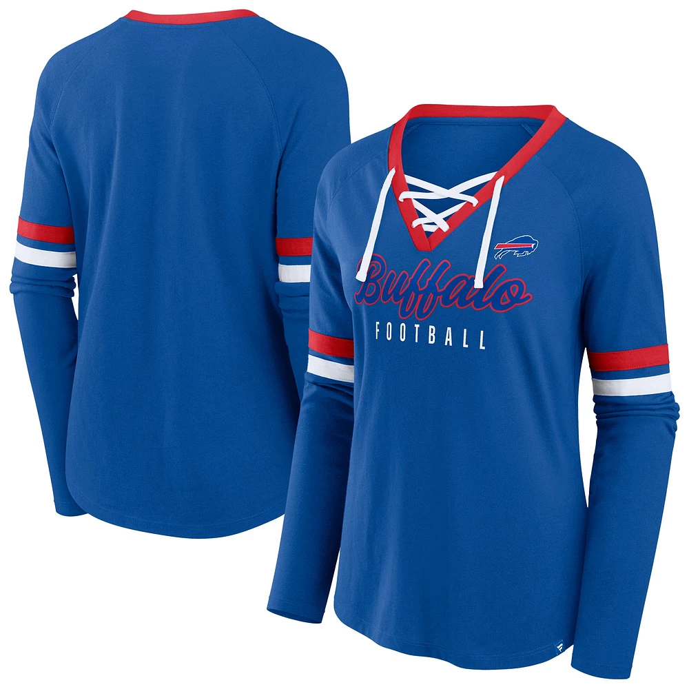 T-shirt à manches longues et col en V lacets pour femmes Fanatics Royal Buffalo Bills grande taille Won & Done