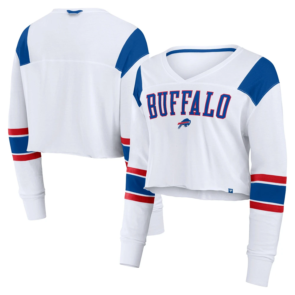 T-shirt court extensible à manches longues et col en V Fanatics pour femmes, blanc Buffalo Bills