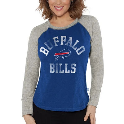 T-shirt à manches longues raglan en tricot gaufré G-III 4Her par Carl Banks pour femme, couleur royal/gris chiné, Buffalo Bills