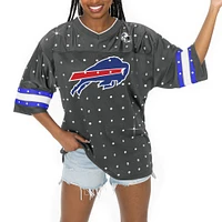 Women's Gameday Couture Anthracite Buffalo Bills Kickoff Time Allover Rhinestone Sports Stripe Jersey V-Neck T-Shirt