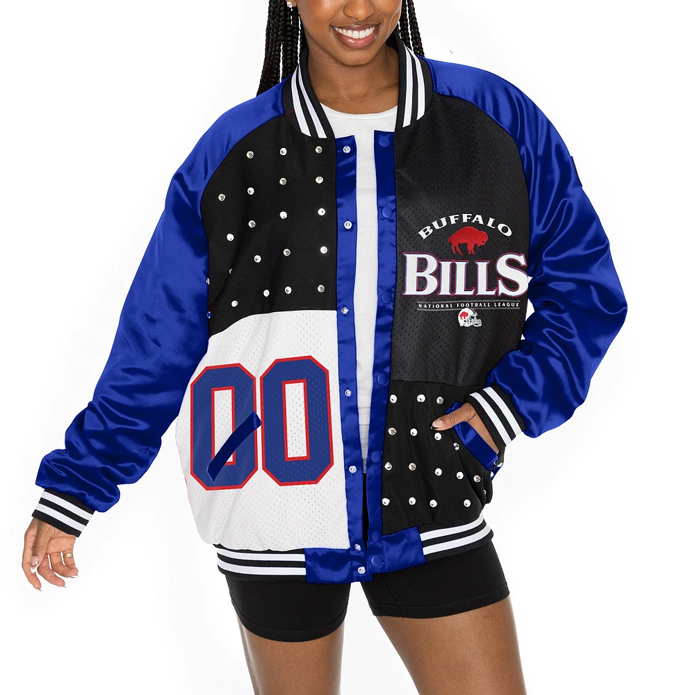 Blouson aviateur surdimensionné Gameday Couture Royal/Black Buffalo Bills pour femme avec strass et boutons-pression