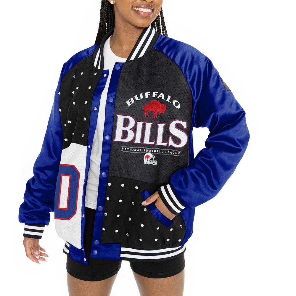 Blouson aviateur surdimensionné Gameday Couture Royal/Black Buffalo Bills pour femme avec strass et boutons-pression