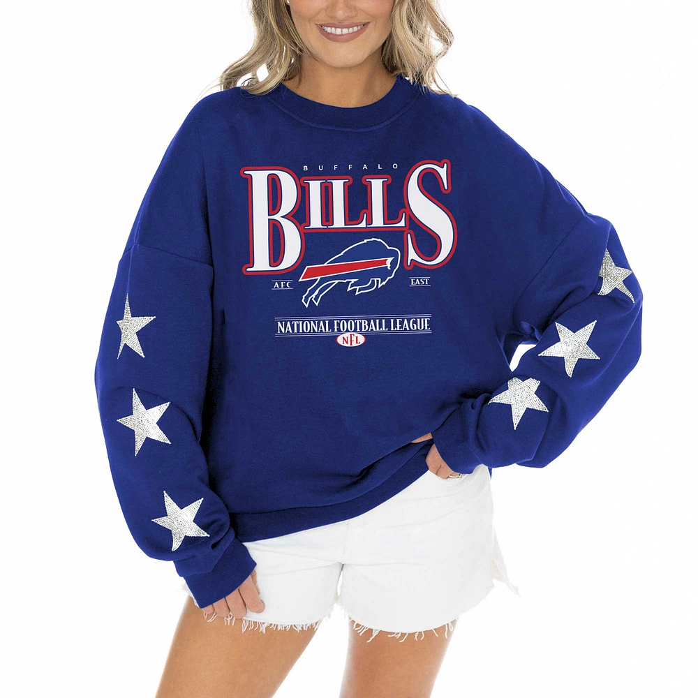 Women's Gameday Couture Royal Buffalo Bills Rhinestone Star Sleeve Settle the Score Tri-Blend Pullover Sweatshirt