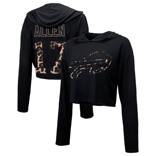 Majestic Threads Josh Allen Black Buffalo Bills Leopard Player Name & Number Sweat à capuche court manches longues pour femme