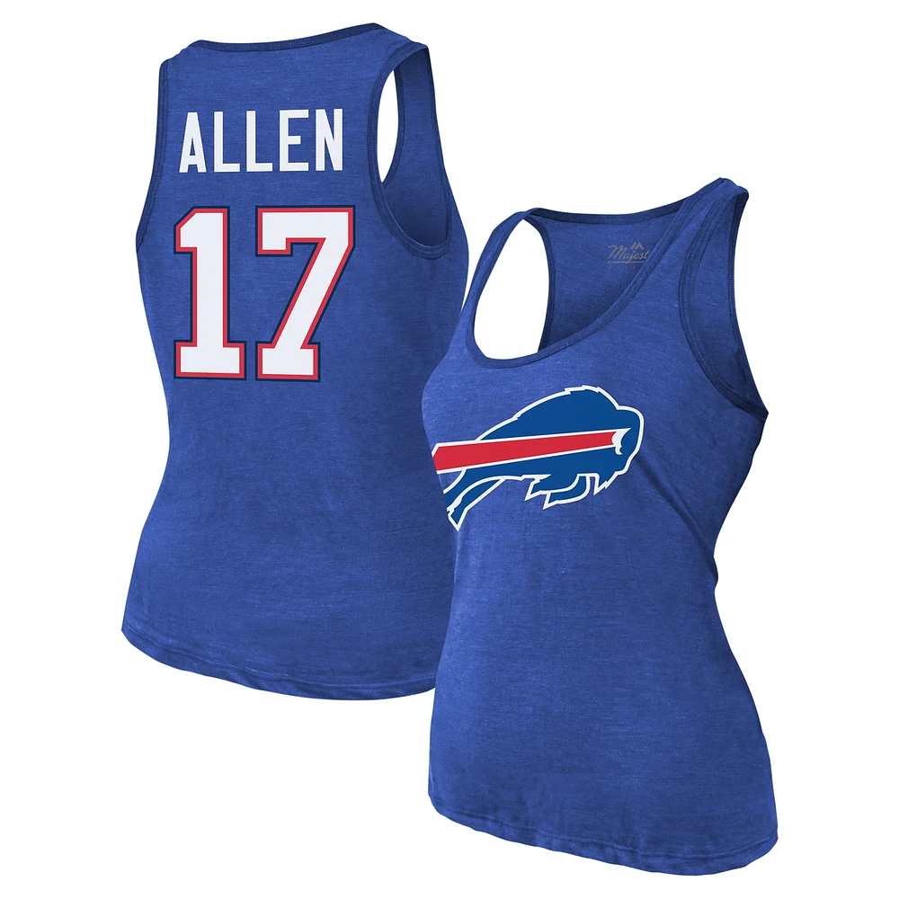 Débardeur tri-mélange avec nom et numéro Majestic Threads Josh Allen Royal Buffalo Bills pour femmes