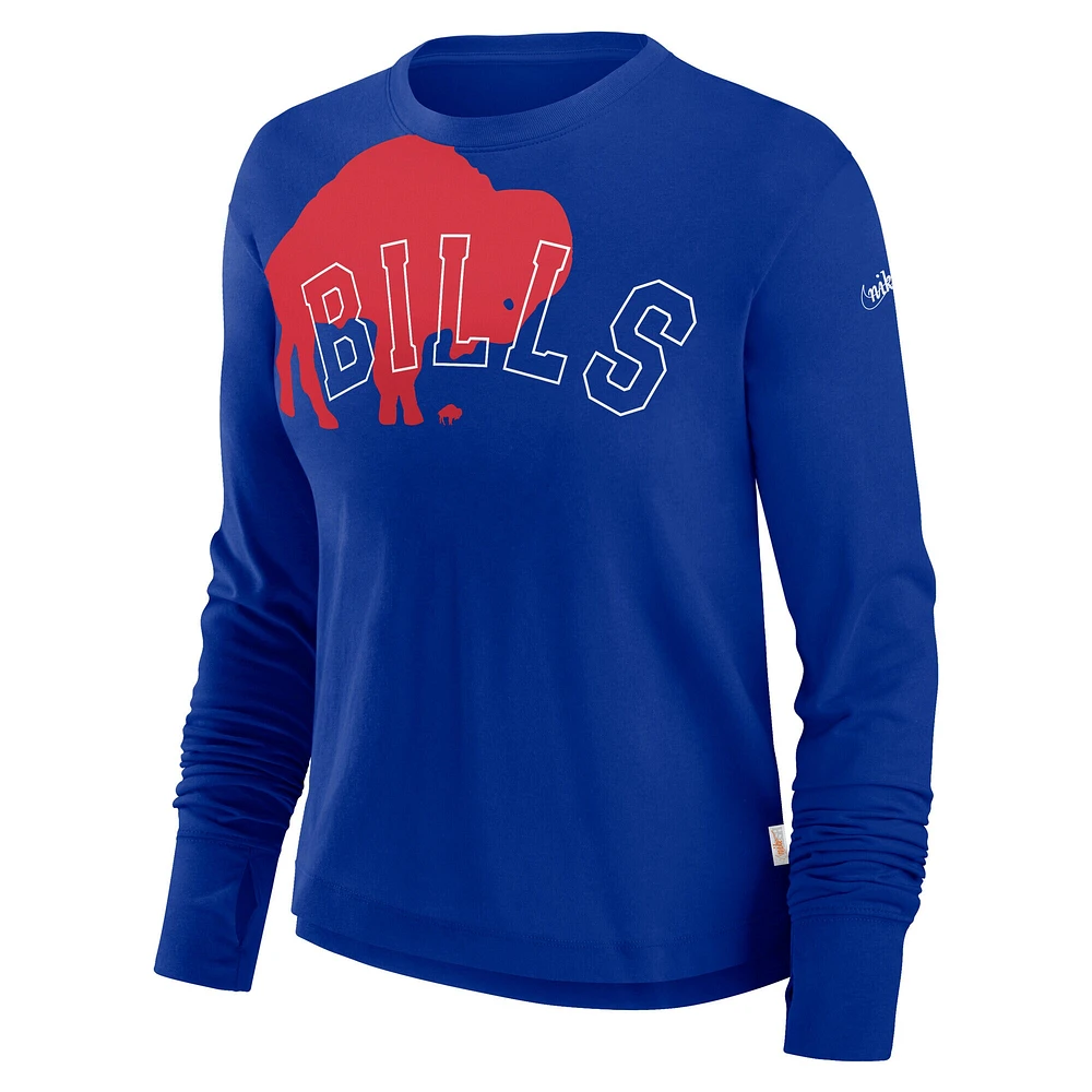 T-shirt à manches longues court et tendance avec logo superposé des Royal Buffalo Bills pour femme de Nike