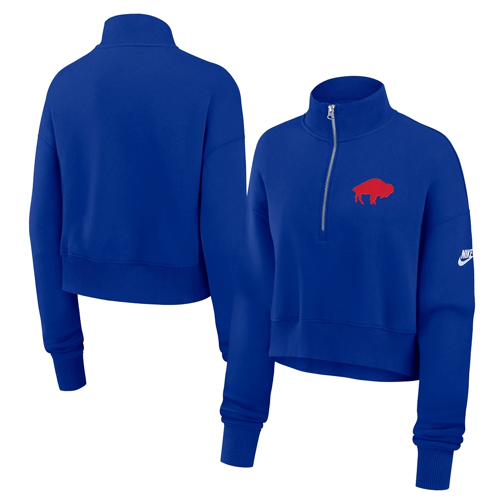 Sweat-shirt court à demi-zip Nike Royal Buffalo Bills Rewind Phoenix pour femme