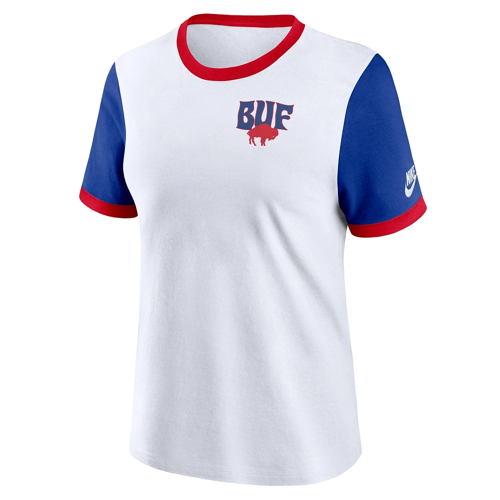 T-shirt Nike pour femme blanc/Royal Buffalo Bills Rewind Ringer