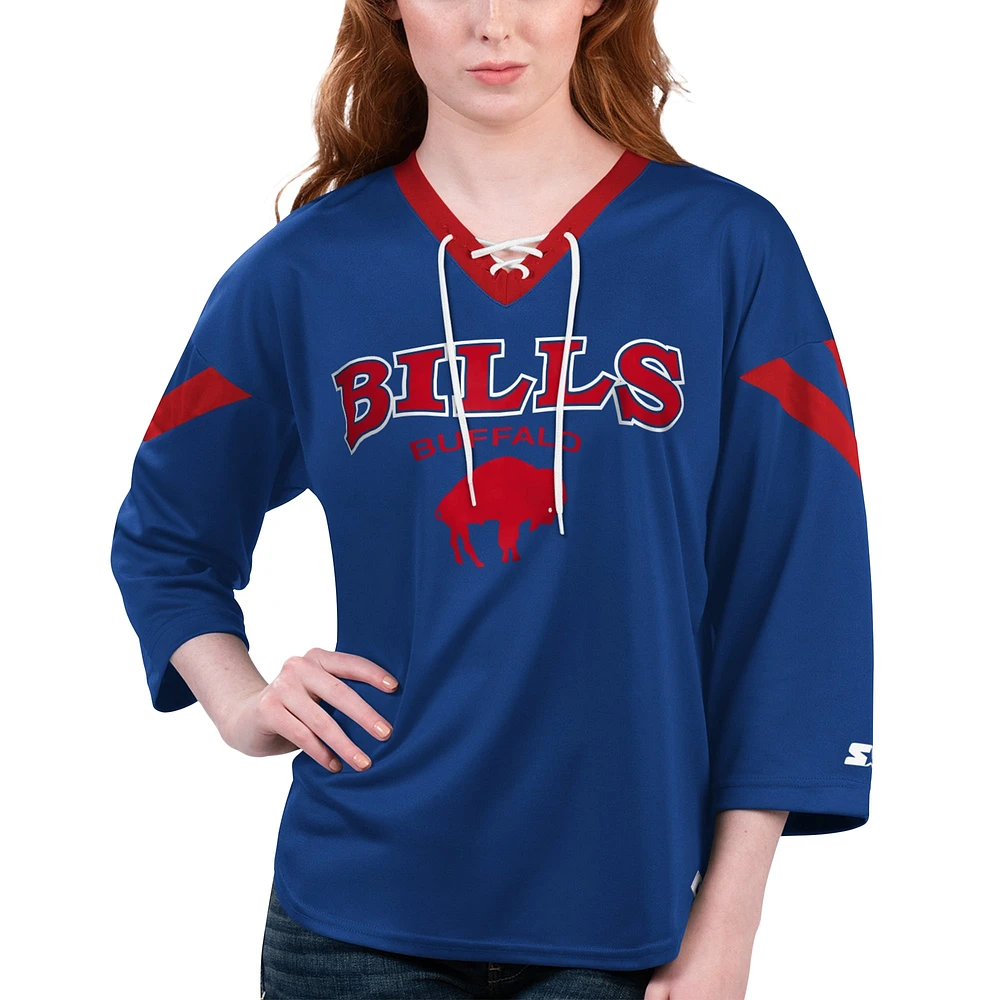 Women's Starter Royal Buffalo Bills Rally Lace-Up 3/4 Sleeve T-Shirt