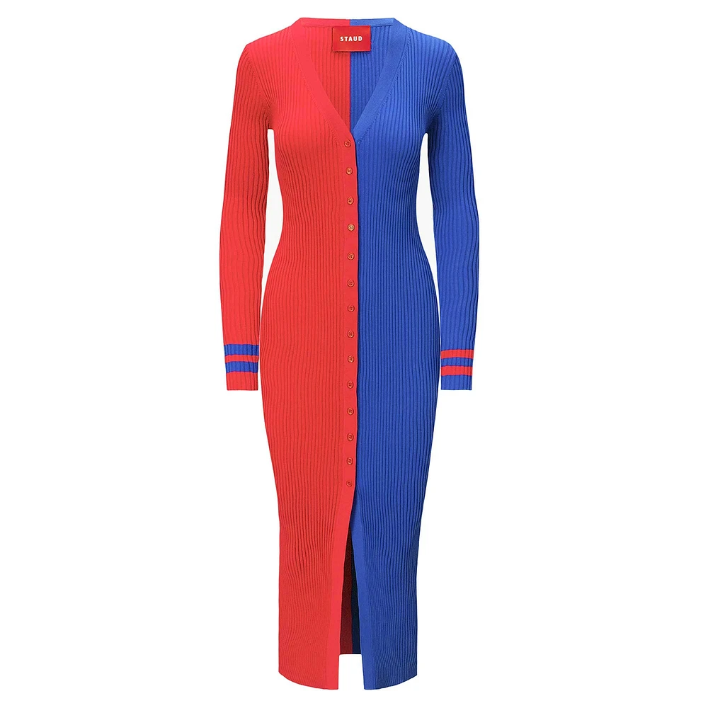 Women's STAUD Red/Royal Buffalo Bills Shoko Knit Button-Up Sweater Dress