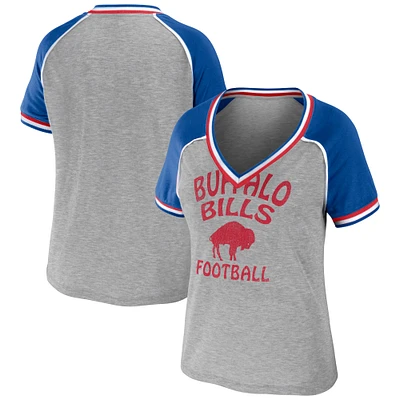 Women's WEAR by Erin Andrews Heather Gray Buffalo Bills Cropped Raglan Throwback V-Neck T-Shirt