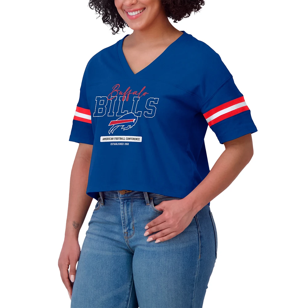 Women's WEAR by Erin Andrews Royal Buffalo Bills Color Block Boxy Modest Crop V-Neck T-Shirt