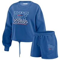 Women's WEAR by Erin Andrews Royal Buffalo Bills Washed Fleece Long Sleeve T-Shirt & Shorts Lounge Set