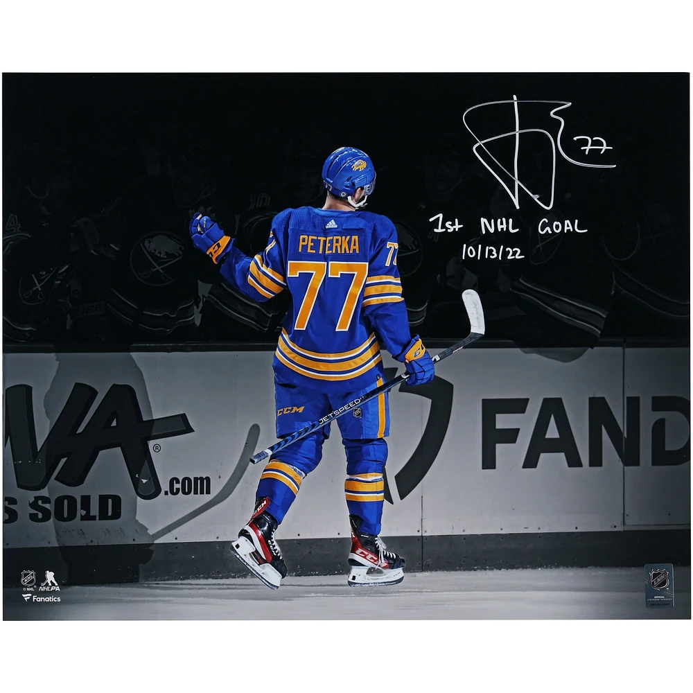 JJ Peterka Buffalo Sabres Autographed 16" x 20" 1st NHL Goal Celebration Photograph with "1st NHL Goal 10/13/22" Inscription