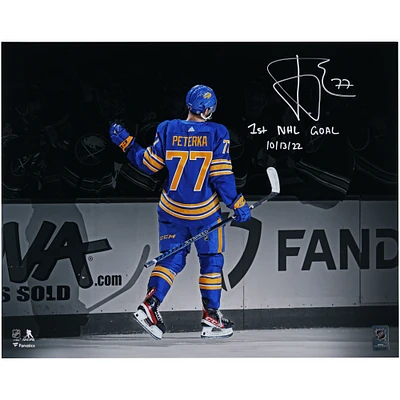 JJ Peterka Buffalo Sabres Autographed 16" x 20" 1st NHL Goal Celebration Photograph with "1st NHL Goal 10/13/22" Inscription