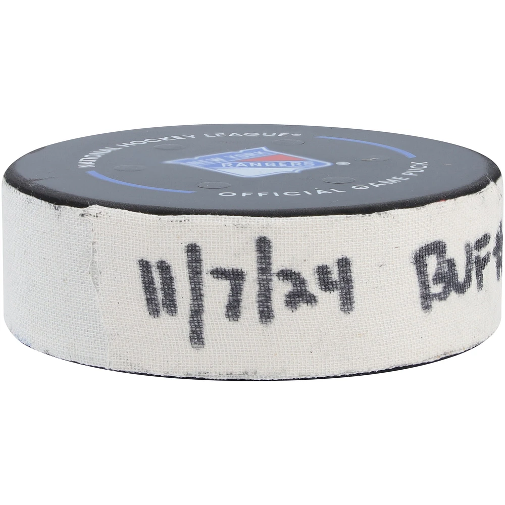 Jordan Greenway Buffalo Sabres Game-Used Goal Puck from November 7, 2024 vs. New York Rangers
