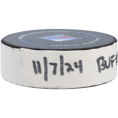 Jordan Greenway Buffalo Sabres Game-Used Goal Puck from November 7, 2024 vs. New York Rangers 