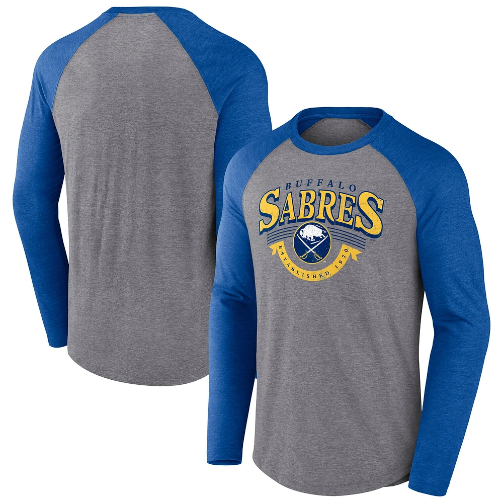 Men's Fanatics Heather Gray/Heather Royal Buffalo Sabres Goal Crease Raglan Tri-Blend Long Sleeve T-Shirt