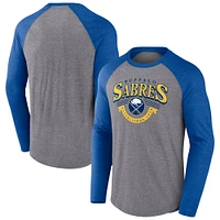 Men's Fanatics Heather Gray/Heather Royal Buffalo Sabres Goal Crease Raglan Tri-Blend Long Sleeve T-Shirt
