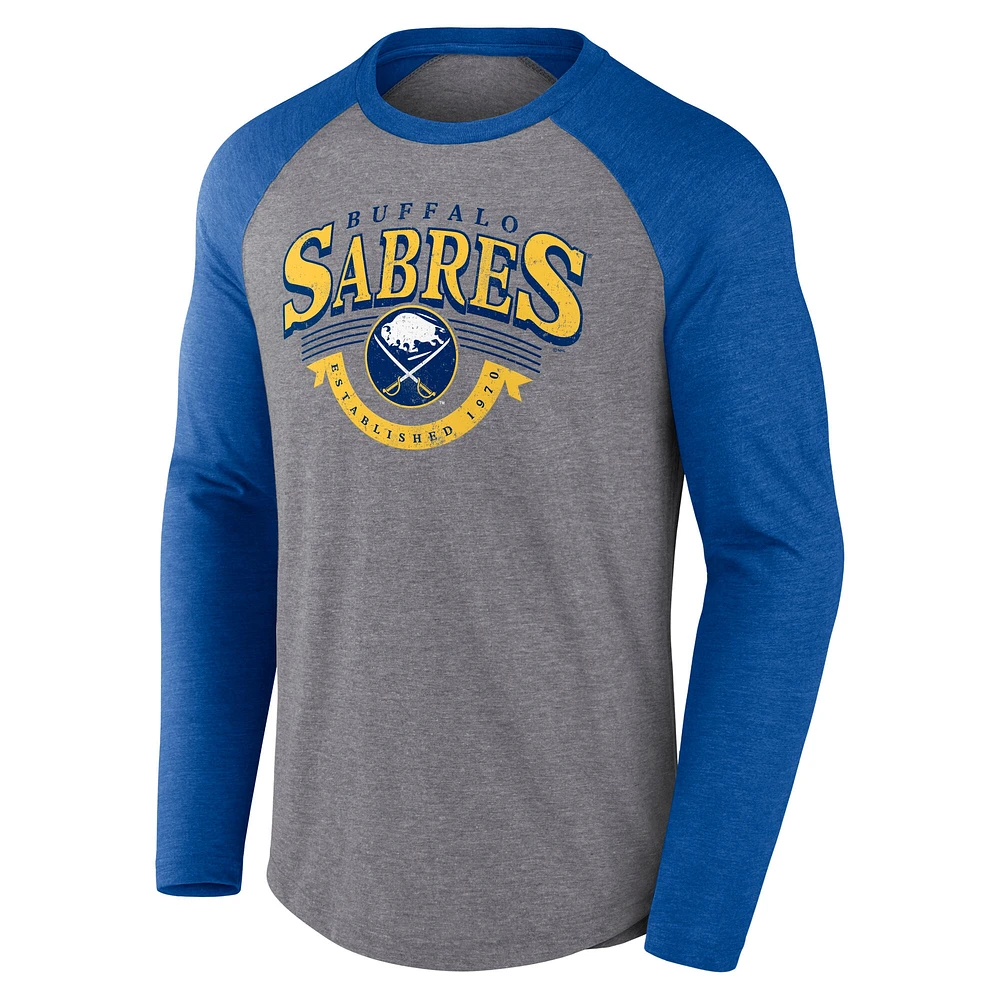 Men's Fanatics Heather Gray/Heather Royal Buffalo Sabres Goal Crease Raglan Tri-Blend Long Sleeve T-Shirt