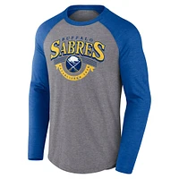 Men's Fanatics Heather Gray/Heather Royal Buffalo Sabres Goal Crease Raglan Tri-Blend Long Sleeve T-Shirt