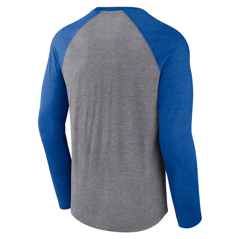 Men's Fanatics Heather Gray/Heather Royal Buffalo Sabres Goal Crease Raglan Tri-Blend Long Sleeve T-Shirt