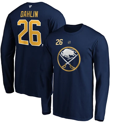 T-shirt Fanatics Rasmus Dahlin bleu marine pour homme, authentique, avec nom et numéro Stack, Buffalo Sabres