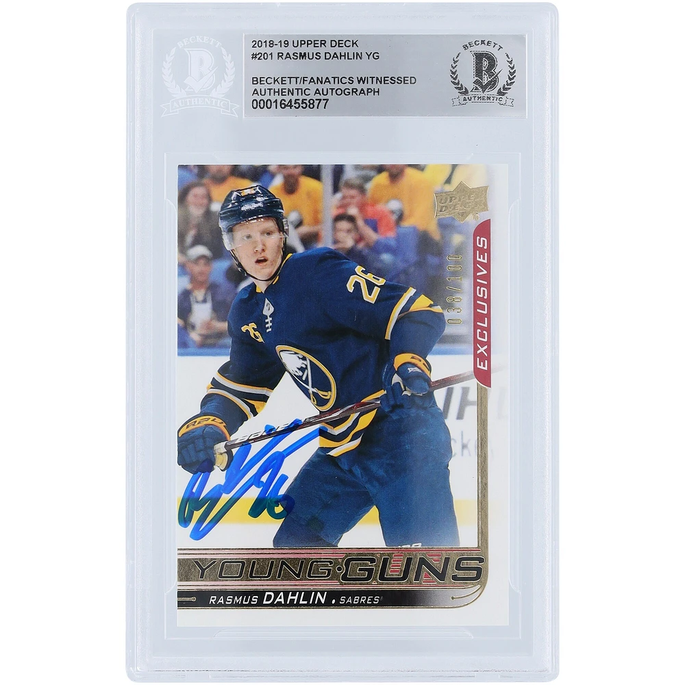 Carte de recrue authentifiée signée Rasmus Dahlin Buffalo Sabres 2018-19 Upper Deck Series 1 Young Guns Exclusives #201 #/100 Beckett Fanatics Witnessed