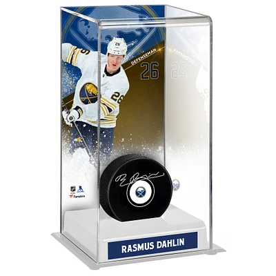 Rasmus Dahlin Buffalo Sabres Autographed Puck with 50th Anniversary Alternate Jersey Deluxe Tall Hockey Puck Display Case