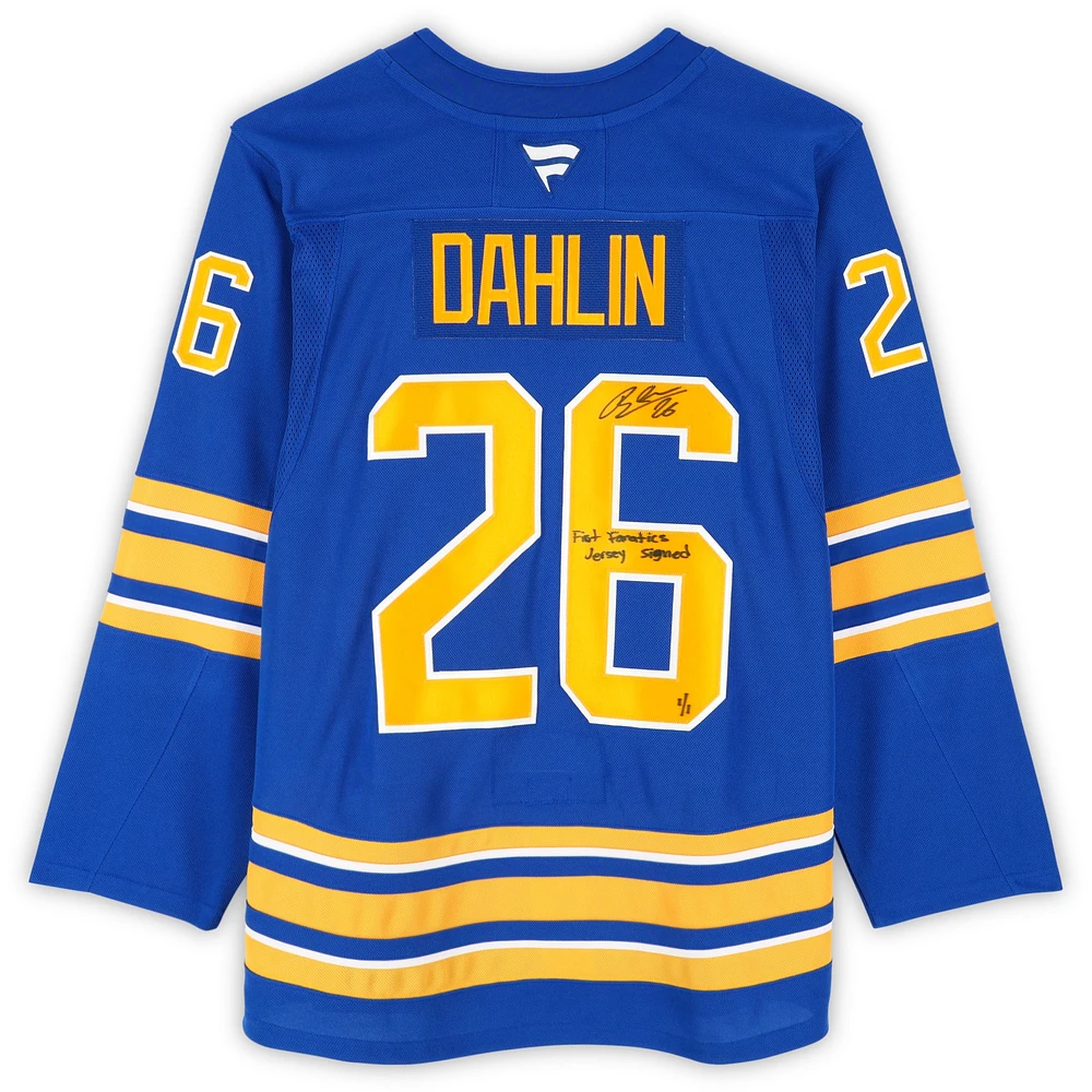 Maillot premium Royal Fanatics autographié par Rasmus Dahlin des Buffalo Sabres avec inscription « First Fanatics Jersey Signed » - Édition limitée n° 1/1