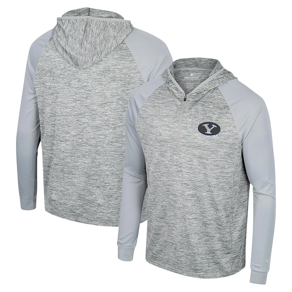 Men's Colosseum Gray BYU Cougars Cybernetic Raglan Quarter-Zip Hooded Top