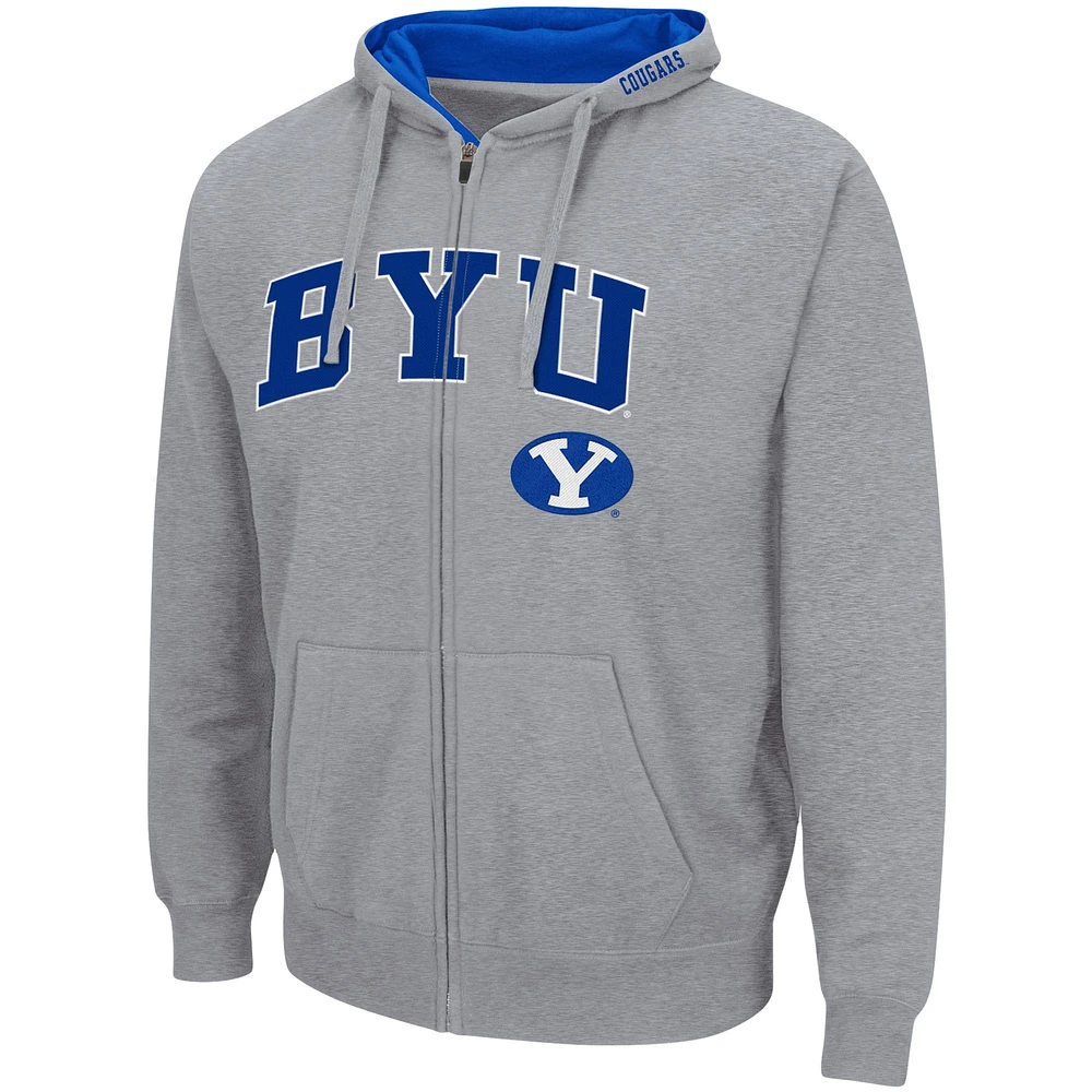 Men's Colosseum Heathered Gray BYU Cougars Arch & Logo 3.0 Full-Zip Hoodie
