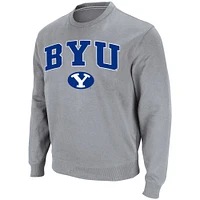 Men's Colosseum Heathered Gray BYU Cougars Team Arch & Logo Tackle Twill Pullover Sweatshirt