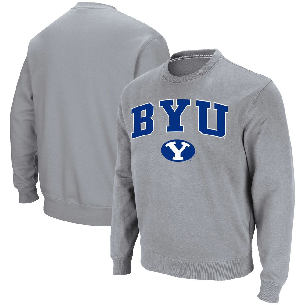 Men's Colosseum Heathered Gray BYU Cougars Team Arch & Logo Tackle Twill Pullover Sweatshirt