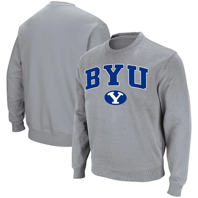 Men's Colosseum Heathered Gray BYU Cougars Team Arch & Logo Tackle Twill Pullover Sweatshirt