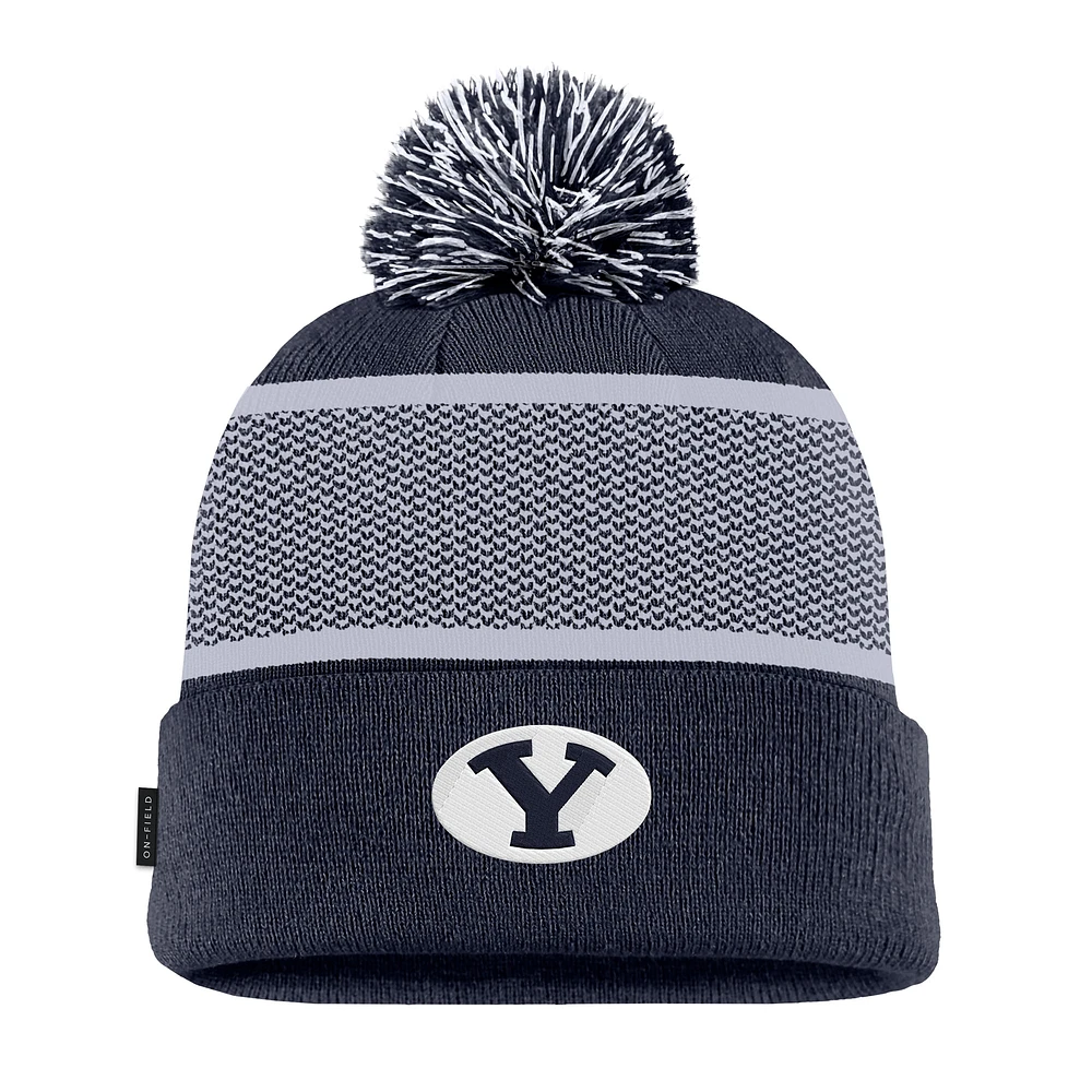 Men's Nike Navy BYU Cougars 2024 Sideline Peak Cuffed Knit Hat with Pom